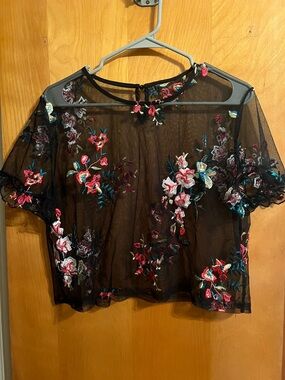 Sheer Black Floral Embroidered Short Sleeve Top